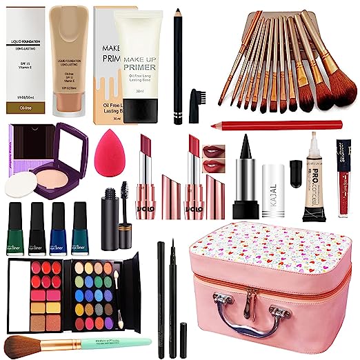 volo All In One Makeup Kit(2 Lipstick,Eye Shadow,Foundation,Sindoor,Pen Eyeliner,Compact,Primer,Kajal,,Makeup Brush, Mascara, Concealer, Lipliner,Eyebrow pencil, 12 pcs. Brush Set, Puff, 4 liquid eyeliner 1 Kit)