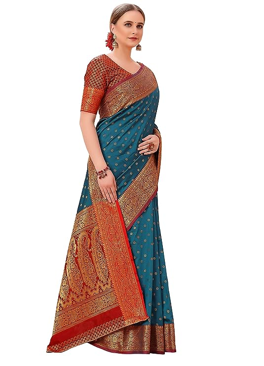 Anarva Women Kanjivaram Cotton Silk Peacock Blue Bridal Saree