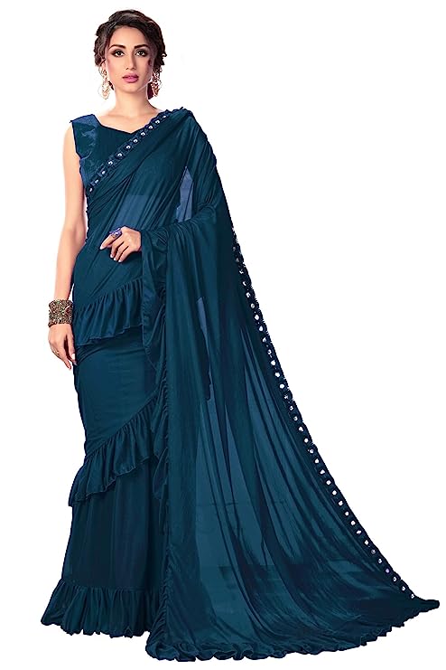 Glory Sarees Women's Ruffle Saree Lycra Fabric With Blouse Piece