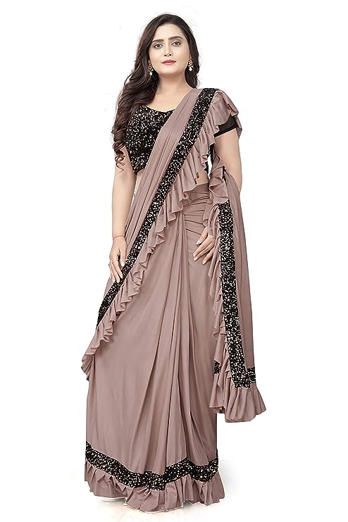 HARPITA Women's Lycra Readymade Ruffle Saree With Sequin Border And stitched Blouse Piece