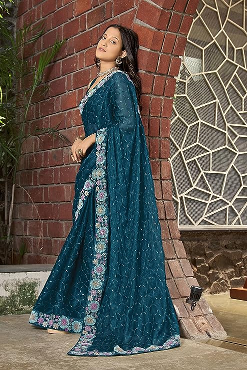 Manohari Peacock Blue Bridal Simmer Chiffon Sequence saree