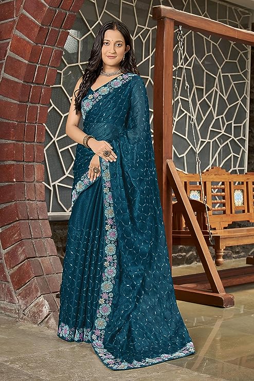 Manohari Peacock Blue Simmer Chiffon Sequence saree