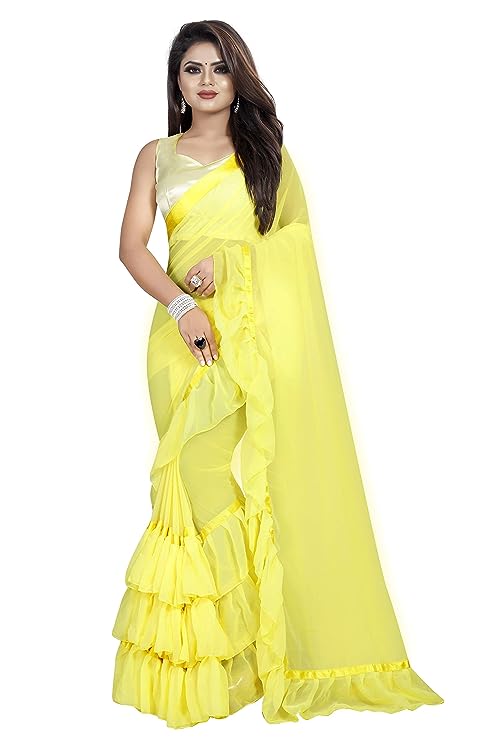 Market Magic World Women's Georgette Ruffle Frill Saree With Blouse Piece