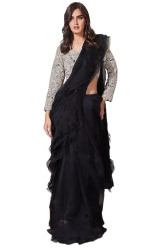 Marwadi Women's black tissue organza designer bridal ruffle frill saree