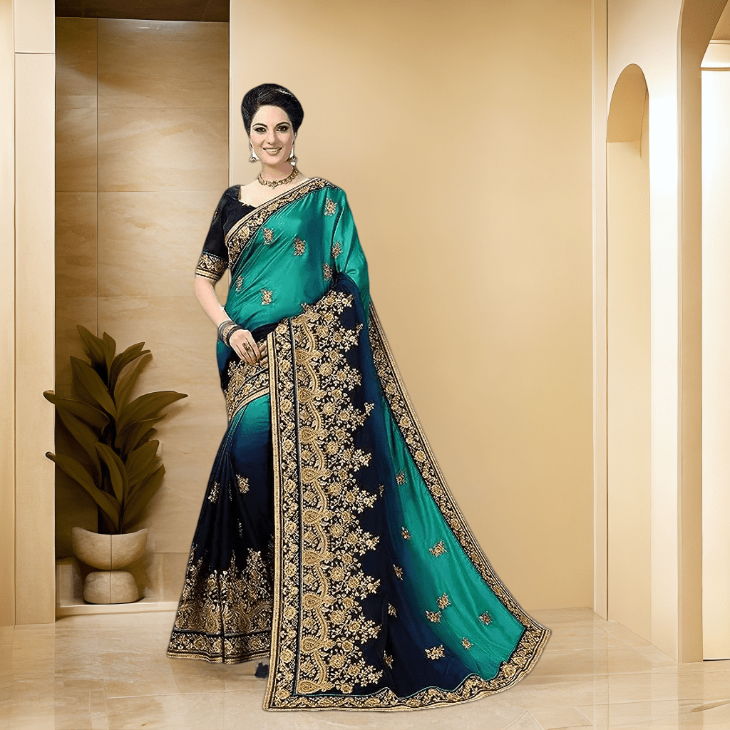 Nivah Fashion Barfi Silk Embroidery Peacock color Saree