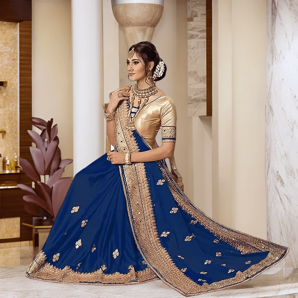 Nivah Fashion Satin Embroidery Peacock Blue Bridal Saree