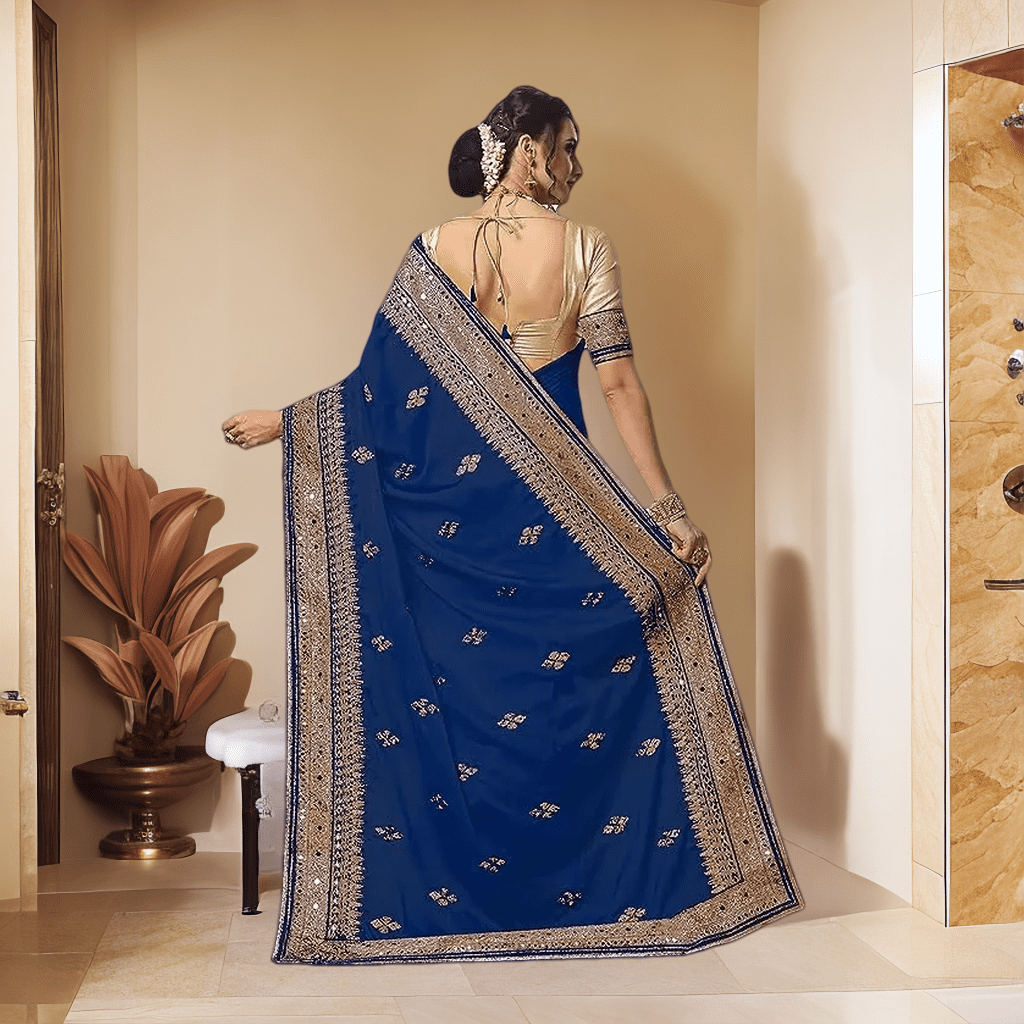 Nivah Fashion Women's Satin Embroidery Peacock blue Saree With Blouse Piece