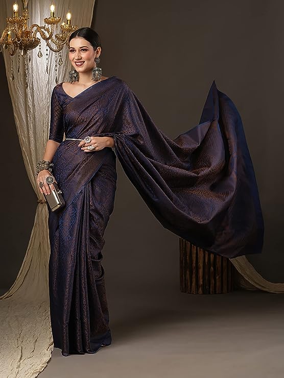 akhilam Woven Design Peacock Blue Banarasi Silk Saree With Unstitched Blouse