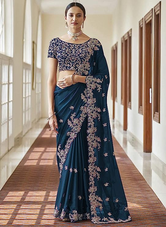 panash trends Rangoli Silk Embroidered Peacock Blue Bridal saree